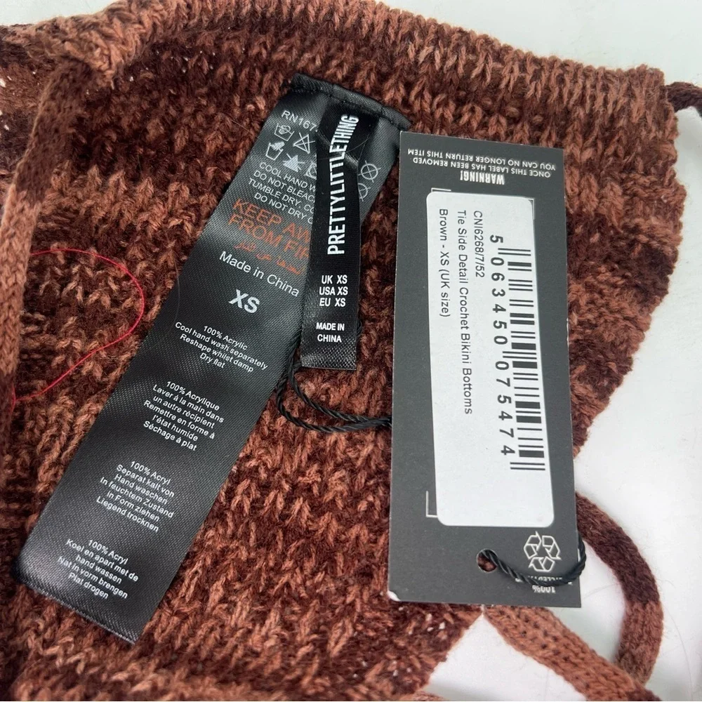 NWT PrettyLittleThing tie side detail brown crochet bikini bottom XS extra small